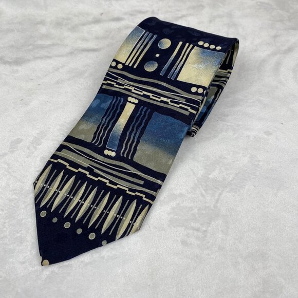 The Tie Man Men's Silk Geometric Pattern Navy Blue Tie 57.5x4 - Picture 1 of 5